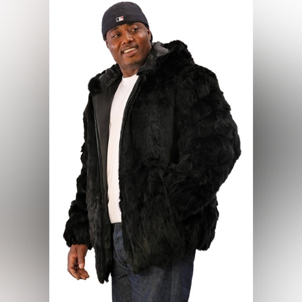 Men's Black Rabbit Fur Coat Size 2XL New Condition
